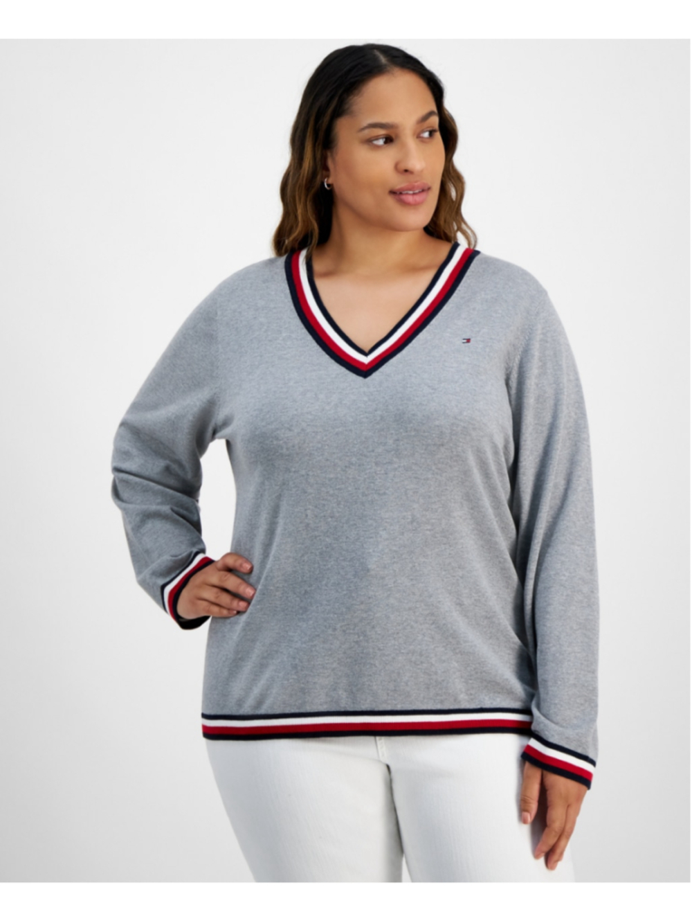 Tommy Hilfiger Plus Size 2X 100% Cotton Grey Contrast-Trim V-Neck Sweater NWT